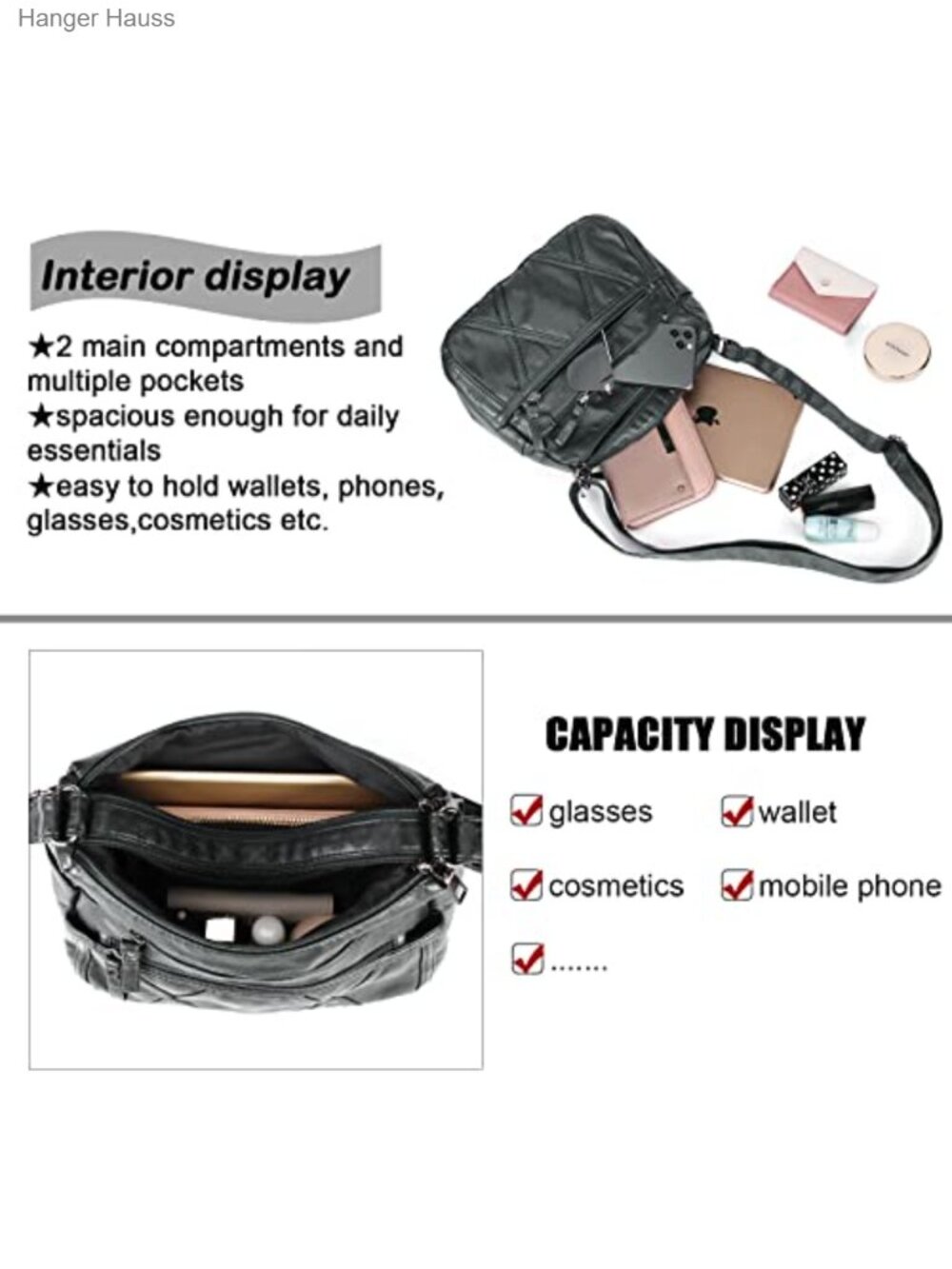 Small Crossbody Bag Washed PU Leather Vegan Shoulder Purse Multi Pockets - Picture 2 of 6
